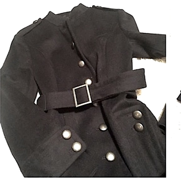 LOFT // navy blue military style a-line long belted coat button front epaulets - Picture 2 of 2